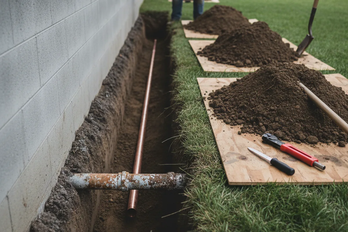 Excavated water line trench during Water Softener Installation in Garrison
